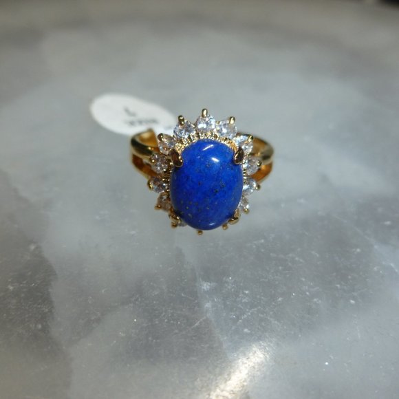 18k Yellow Gold EP Lapis Lazuli Swarovski Crystals Designer Dolphin Ore Size 7 - Picture 3 of 10